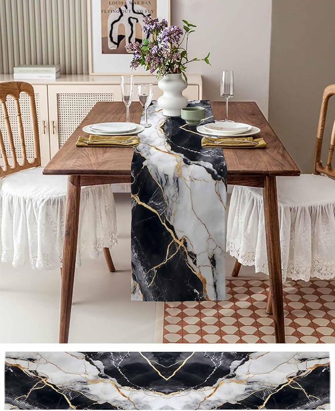 Black White Marble Cotton Linen Table Runner for Dining Kitchen, Wedding Outdoor Party Tablerunners Decoration, Nature Marble Crack Modern Art Dresser Scarf Coffee Tablecloth Runners 13x72 Inches