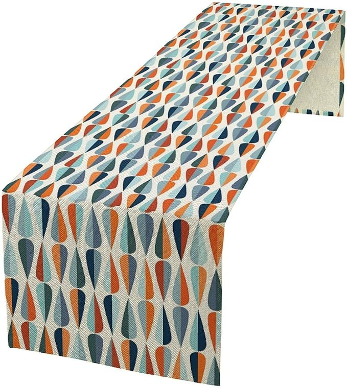 Mid Century Table Runner, Modern Style Retro Pattern Droplet Shapes Mosaic Tones Pattern Print for Home Kitchen Table Decor Dining Coffee Room Party Decor 13x36in
