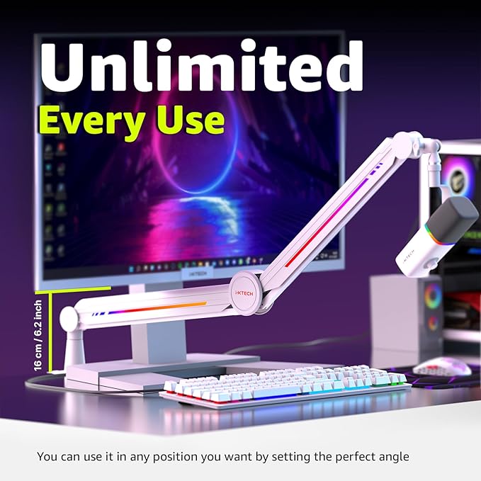 IXTECH RGB Mic Boom Arm High Profile, Overhead Boom Arm Microphone Stand Desk Mount, Adjustable Microphone Stand with Desk Mount, Mic Arm for Live Streaming Gaming Podcasting Recording.