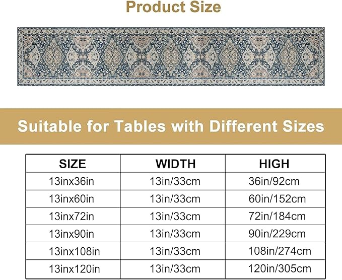 Vintage Boho Floral Table Runner, Rustic Country Farmhouse Blue Grey Retro Flower Pattern for Home Kitchen Table Decor Dining Coffee Room Party Decor 13x120in