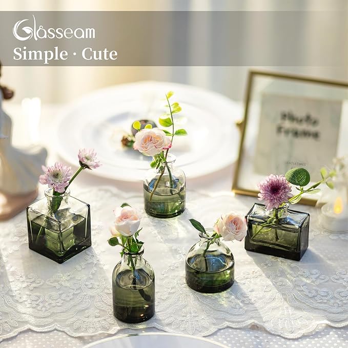 Glasseam Bud Flower Vases in Bulk: 40 Glass Cute Small Vases for Centerpieces Vintage Mini Wedding Birthday Party Table Centerpieces Tiny Baby Shower Dining Room Decoration Green