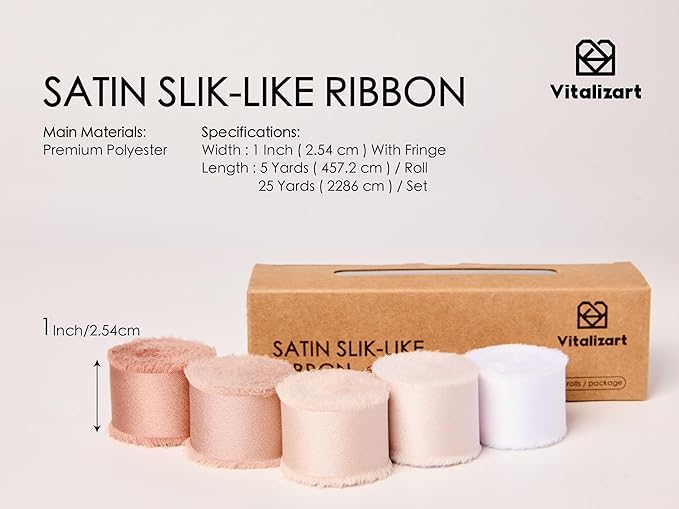 Vitalizart Silk Like Satin Ribbon 1 inch x 25 Yard Nude & White Handmade Frayed Ribbons for Gift Wrapping Baby Shower Wedding Bridal Bouquets Holiday Decor