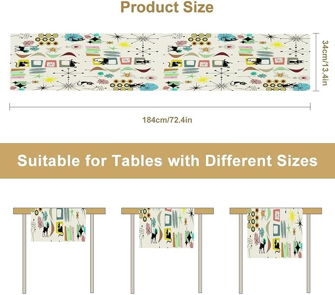 Colorful Geometric Table Runner,Vintage Mid Century Cute Cat Abstract Morden Print Tablecloth Burlap for Hotel Indoors Outdoor Dining Room Kitchen Home Decor, 13x108in