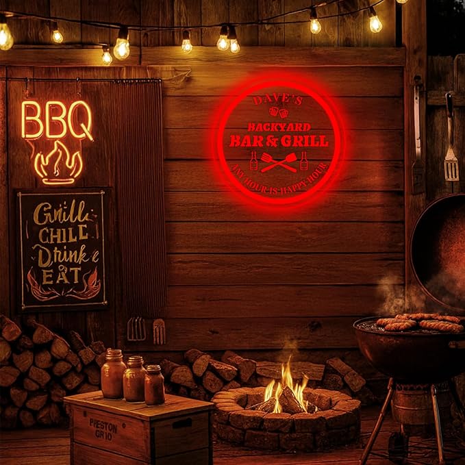 Custom Acrylic LED Bar Sign – Personalized Color Changing Wall Decor for Backyard Patio, Home Bar, Kitchen, or Man Cave (Bar & Grill, 16 INCHES)