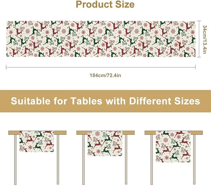 Christmas Table Runner,Christmas Plaid Deer Print Farmhouse Table Cloth Kitchen Dining Table Decoration for Home Party Decor 13x60 Inch