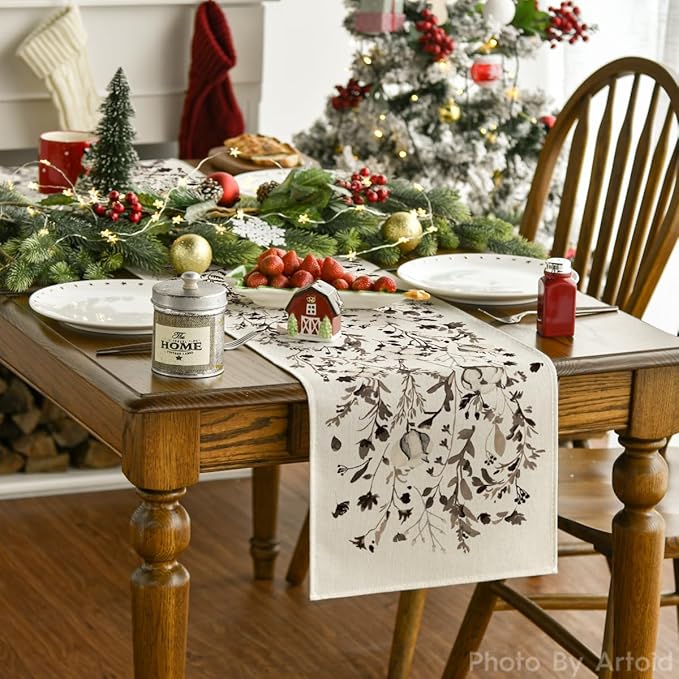 Artoid Mode Leaves and Flowers Cotton 210 GSM Winter Table Runner, Seasonal Christmas Kitchen Dining Table Decoration for Home Party Decor 13x72 Inch