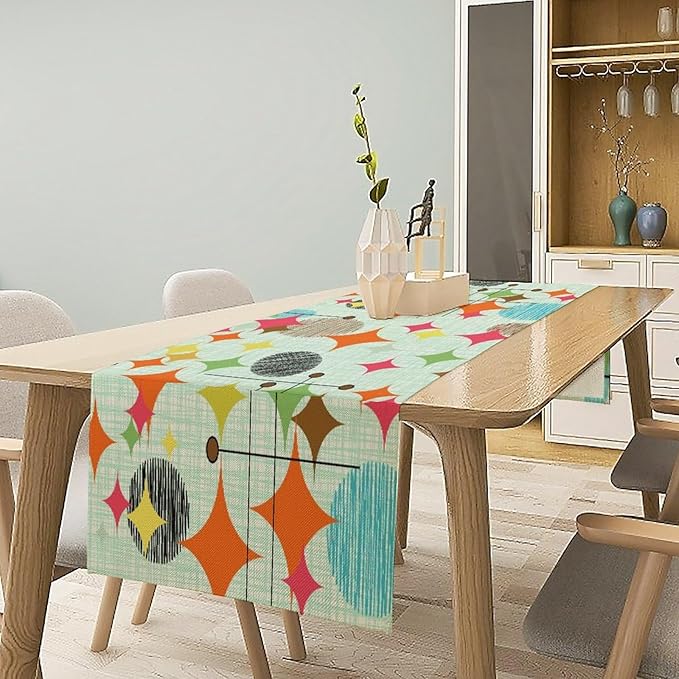 Mid Century Table Runner,Abstract Retro Modern Geometric Colorful Stripe Pattern Print Tablecloth Burlap for Hotel Indoors Outdoor Dining Room Kitchen Holiday Party, 13x90in
