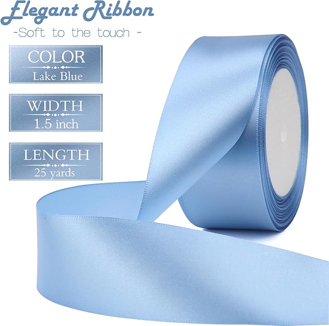Lake Blue Solid Satin Ribbon 1-1/2 Inch 25 Yards Solid Polyester Fabric Ribbon for Gift Wrapping Wedding Christmas Baby Shower Birthday Party Decoration Handmade Immortal Flower Craft