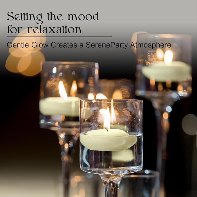12 Pcs 2 - inch Floating Candles, Ivory, Smokeless and Unscented, Burns Continuously for 5-6 Hours, Be Good for Holidays, Weddings, Vacations, and Home Décor.