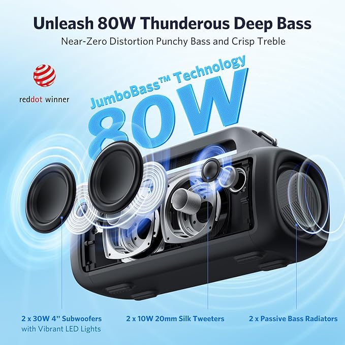 EarFun UBOOM X Portable Bluetooth Speaker, 80W Stereo with JumboBass, IP67 Waterproof Outdoor Speaker, RGB Light, 30H Playtime, Custom EQ, Bluetooth 5.3 Speakers for Outdoor, Camping, Beach