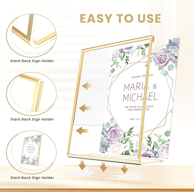 Acrylic Gold Frames 8 x10, Slanted Back Gold Picture Frames Table Acrylic Sign Holder for Photos Wedding Table Numbers and Art Display with Removable Clear Sticky Dots,3 Pack