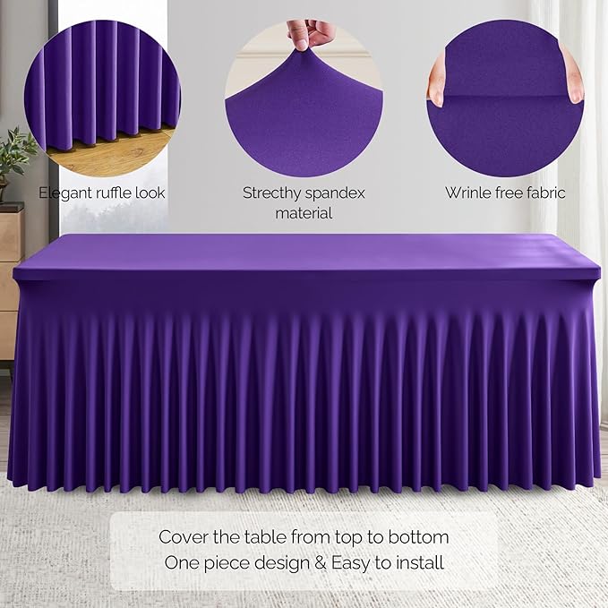 Wish Care 2 Pack Dark Purple Spandex Table Clothes for 8 Foot Rectangle Tables, 8FT Wrinkle Free Fitted Tablecloths Ruffles Design Table Cover for Party, Banquet, Wedding and Events