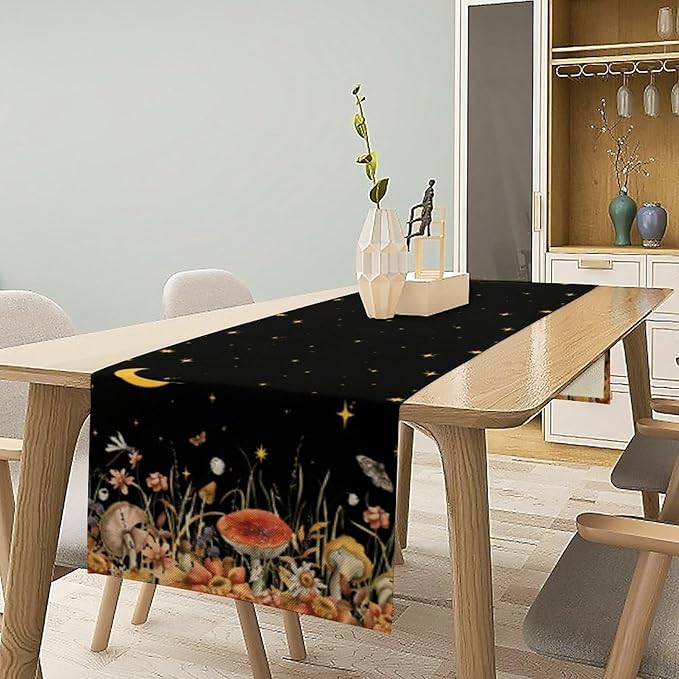 Mushroom Kitchen Table Runner, Gothic Moon Star Plants Witchy Moonlit Flower Butterfly Table Runner for Kitchen Party Living Room Drapes, 13x90 Inch Black