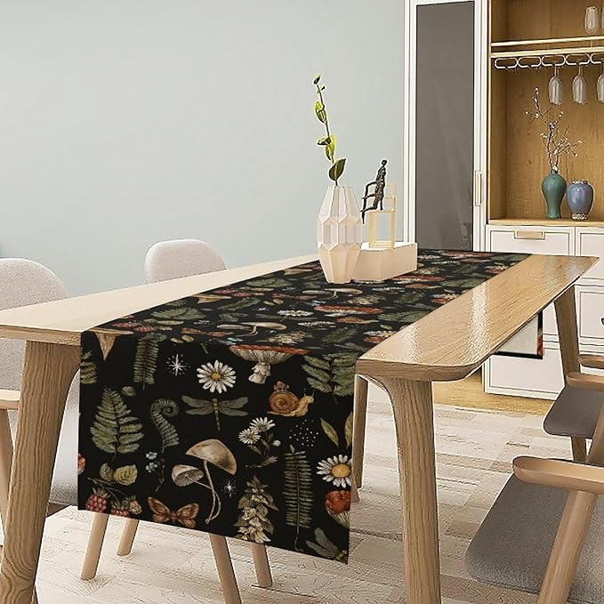 Mushroom Table Runner,Retro Forest Plant Table Runner for Kitchen Dining Table Home Party Decoration 13x108 Inch