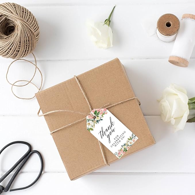 Andaz Press 100-Pack Thank You for Celebrating with Us Favor Tags Peach Coral Floral Garden Cardstock Gift Tags with Bakers Twine for Wedding Baby Shower Bridal Shower Party Favors 2 x 3.75-Inches