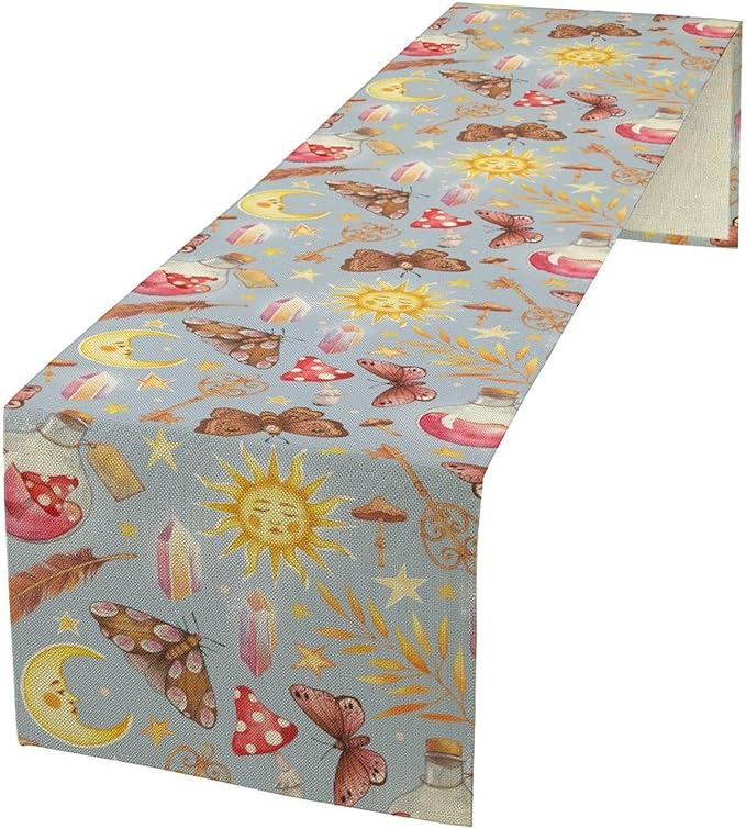 Boho Sun Moon Table Runner Mystical Rustic Butterfly Mushroom Star Table Runner for Kitchen Living Room Dinner Holiday 13x70 Inch