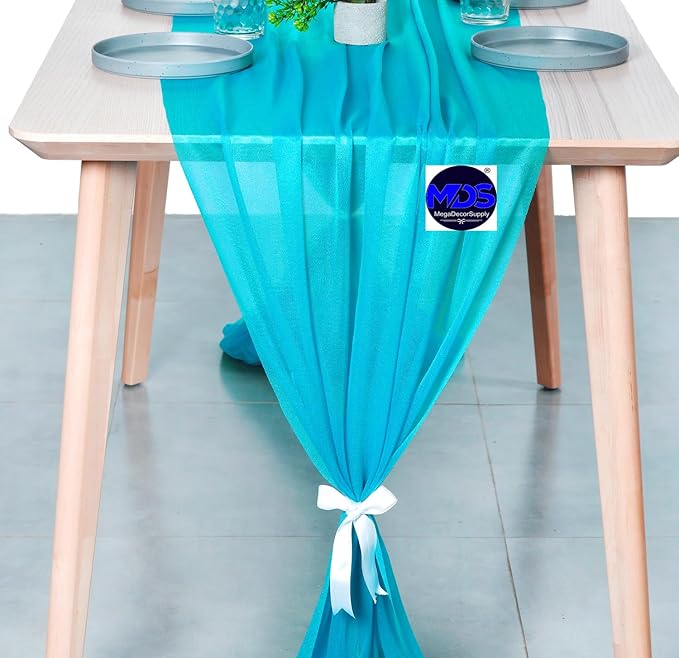 MDS 25 Pack 10ft Chiffon Table Runner 29 x 120 Inches Sheer Wedding Runner Romantic Rustic Table Runner for Wedding Decorations, Birthday Parties, Bridal Shower Party Arch Decor -Turquoise