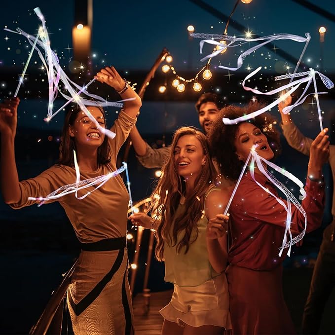 58 Pieces Light up Wedding Wands with Ribbons & Bells –LED Silk Wedd Fairy Wands Streamers with Warm White & Colorful Lights for Wedding Send Off Ideas, Parties, and Celebrations