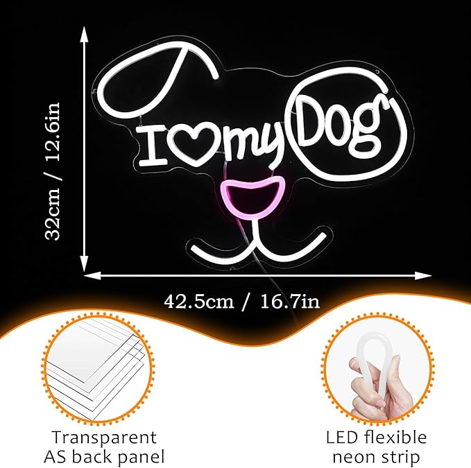 I Love My Dog Neon Sign for Wall Decor Funny Dog Neon Light Powered by USB Dimmable LED White Red Light Up Sign for Pet Shop Bedroom Animal Theme Party Decor Great Idea(16.7 * 12.6In)