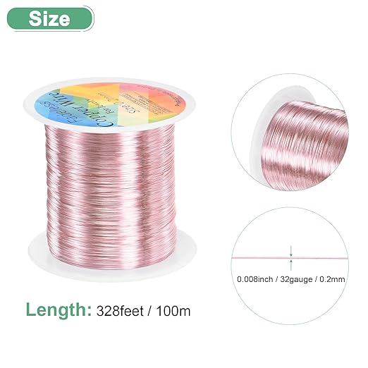 0.2mm Jewelry Wire, 32 Gauge 328FT Craft Wire Copper Beading Wire for Jewelry Making/Planting/Weaving/DIY Crafting, Soft Metal Wires [100M, Rose Golden]