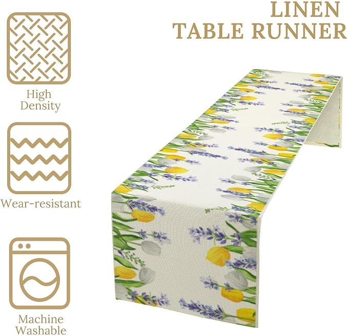 Floral Tulip Lavender Table Runner, Spring Watercolor Flower Plants Nature Butterfly Table Runner for Kitchen Dinner Living Room Home Party, 13x36 Inch