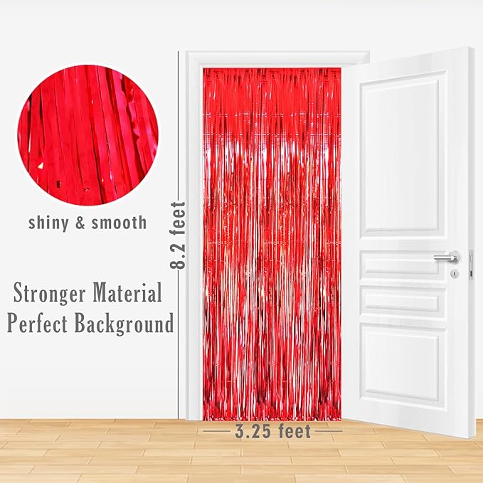 GOER 3.2 ft x 8.2 ft Metallic Tinsel Foil Fringe Curtains Party Photo Backdrop Party Streamers for Birthday,Graduation,New Year Eve Decorations Wedding Decor (4 Packs,Red)