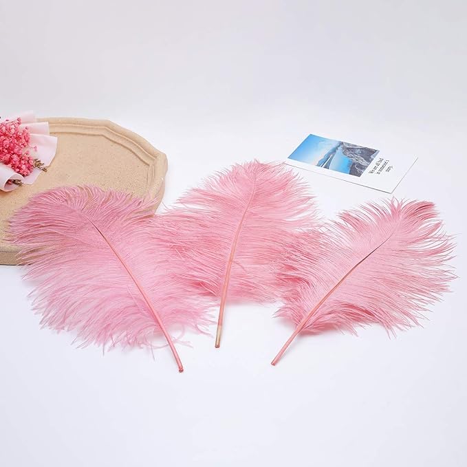 12pcs Natural Lotus Pink Ostrich Feathers 12-14inch (30-35cm) for Wedding Party Centerpieces，Flower Arrangement and Home Decoration.