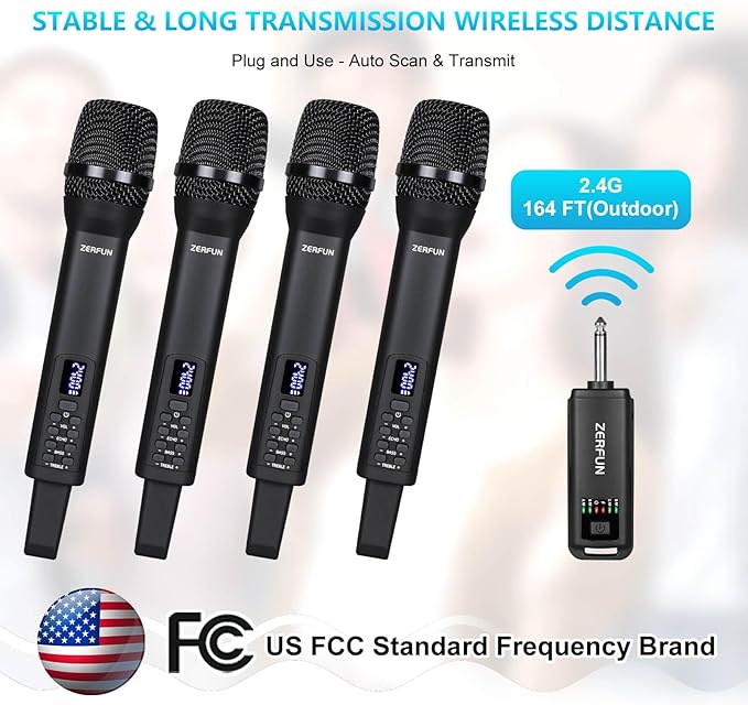 Rechargeable Wireless Microphones 4, Pro Handheld Cordless Mics System Dynamic with Echo Treble BASS VOL Control for Karaoke Singing Church Party, 1/4'' Output, D240, Black