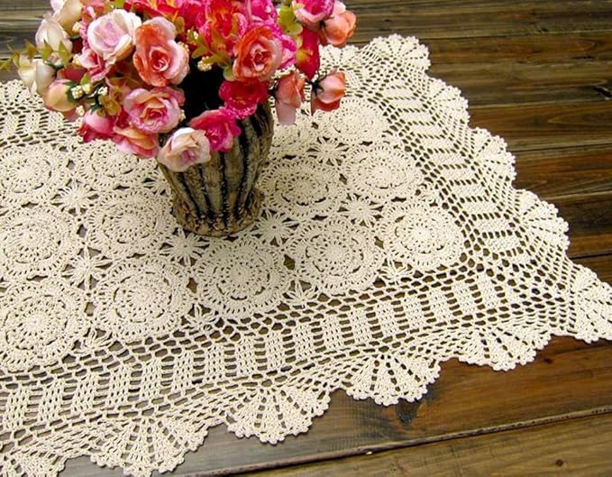 Cotton Handmade Crochet lace Table Runners Rectangular Tablecloth Doilies Doily Table Dresser Scarf Décor,19x31Inch,Beige