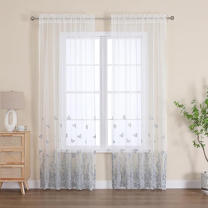 VISIONTEX White Sheer Voile Curtains, Decorative Blue Embossed Butterflies Rod Pocket Window Drapes for Home Kitchen, Living Room and Bedroom 54 x 72 Inch, Set of 2 Curtain Panels