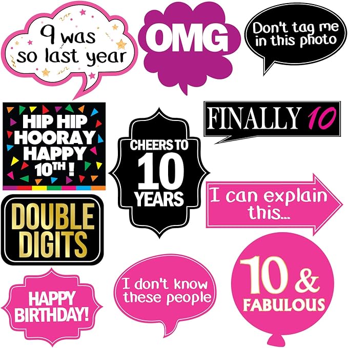 10th Birthday Photo Booth Party Props - 40 Pieces - Funny 10th Birthday Party Supplies, Decorations and Favors