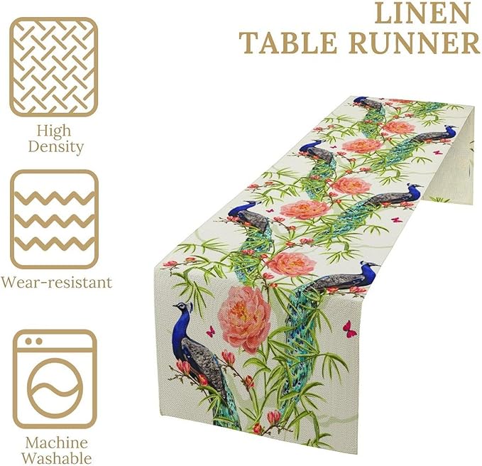Peacock Table Runner,Seasonal Flower Plants Peacock Birds Table Runner for Home Kitchen Dining Party Indoor Outdoor Decoration 13x90 Inch