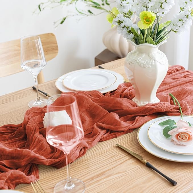 Asee'm 12pcs Cheesecloth Table Runner 120 Inches Long Terracotta Boho Gauze Cheese Cloth Runner 10FT Rustic Sheer Fall Table Runners for Thanksgiving Christmas Wedding Party Baby Shower Decoration