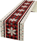 Snowflakes Christmas Table Runner,Red Buffalo Plaid Seasonal Winter Kitchen Dining Table Decoration for Home Party Decor 13x90 Inch