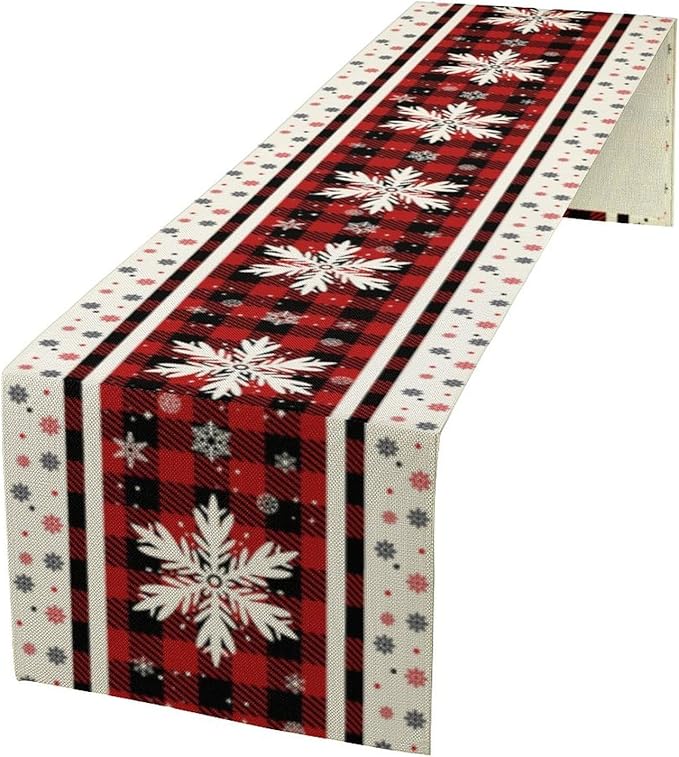 Snowflakes Christmas Table Runner,Red Buffalo Plaid Seasonal Winter Kitchen Dining Table Decoration for Home Party Decor 13x108 Inch