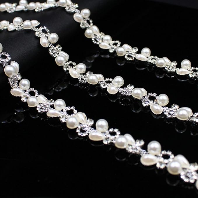 2 Yard Pearl Chain Silver Rhinestone Trim String Crystal Applique Fringe Ribbon Strips Beads Sewing Dress DIY Party Wedding Bouquet for Decoration Bridal Costume Embellishment