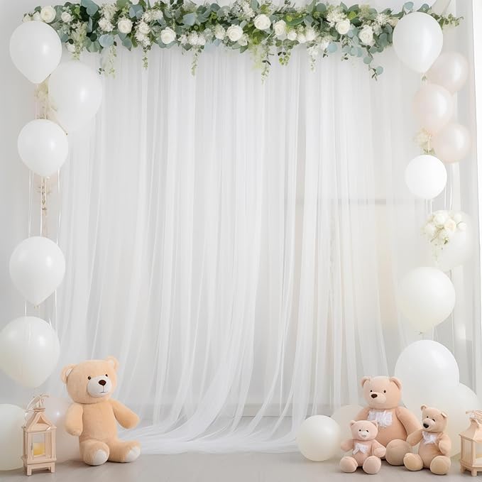 10ft X 10ft White Tulle Backdrop Curtain for Parites, Sheer Backdrop Curtains Fabric Drapes for Wedding Ceremony Arch Party Stage Decorations