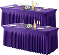 Wish Care 2 Pack Dark Purple Spandex Table Clothes for 4 Foot Rectangle Tables, 4FT Wrinkle Free Fitted Tablecloths Ruffles Design Table Cover for Party, Banquet, Wedding and Events