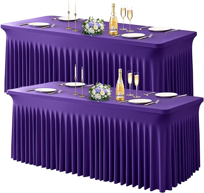 Wish Care 2 Pack Dark Purple Spandex Table Clothes for 4 Foot Rectangle Tables, 4FT Wrinkle Free Fitted Tablecloths Ruffles Design Table Cover for Party, Banquet, Wedding and Events