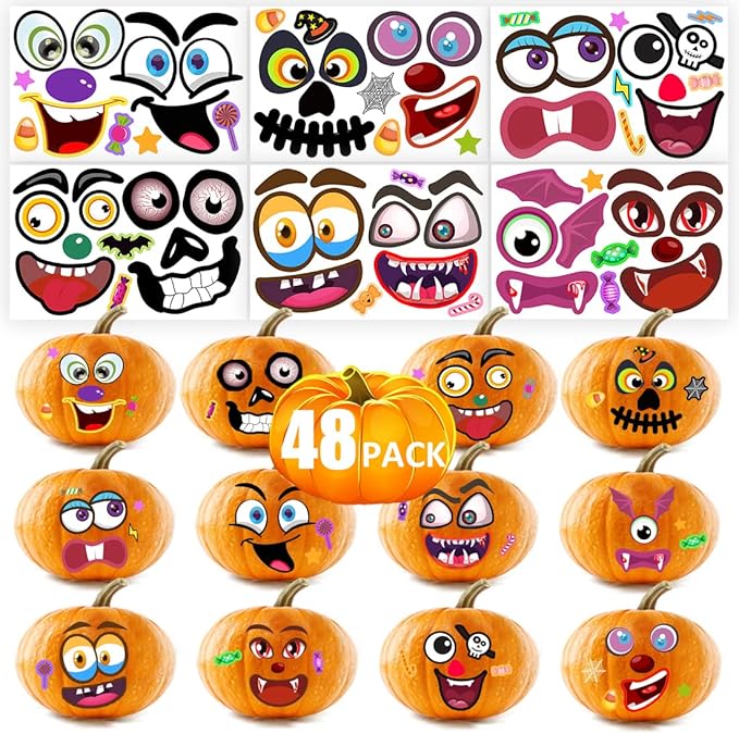 48Packs Pumpkin Decorating Kit, Make Your Own Small Pumpkin face Stickers, Halloween Pumpkin Decorating Stickers for Kids Halloween Party Favors