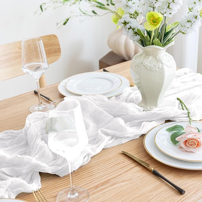 Asee'm Cheesecloth Table Runner 120 Inches Long Ivory Boho Gauze Cheese Cloth Runner 10FT Rustic Sheer Fall Table Runners for Thanksgiving Wedding Party Baby Shower Decoration