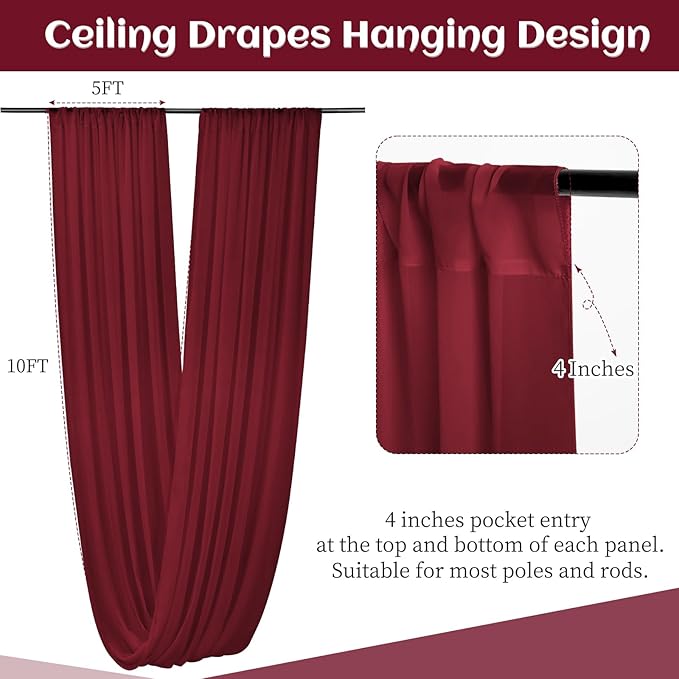 6 Panels Burgundy Wedding Ceiling Drapes 5ftx10ft Ceiling Drapes Chiffon Fabric Arch Draping Sheer Curtains Soft Drapery Draping Wedding Ceiling Decorations for Party Ceremony Stage Swag