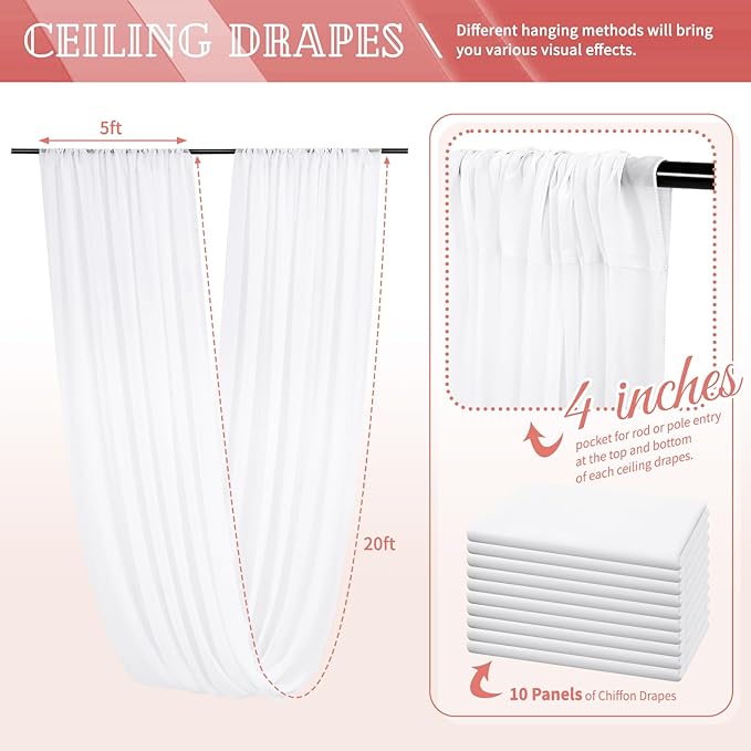10 Panels White Ceiling Drapes for Wedding 5ftx20ft Sheer Drapery Chiffon Fabric Arch Draping Curtains for Party Ceremony Birthday Baby Shower Reception Stage Ceiling Decorations