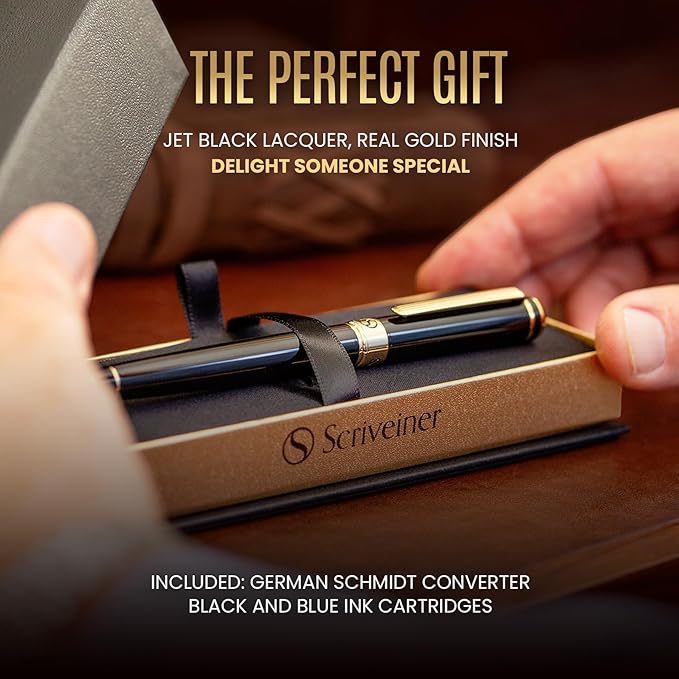 Scriveiner Black Lacquer Fountain Pen - Stunning Luxury Pen, Real Gold Finish, Schmidt Gilded Nib (Broad), Best Pen Gift Set for Men & Women, Professional, Executive, Office, Nice Pens