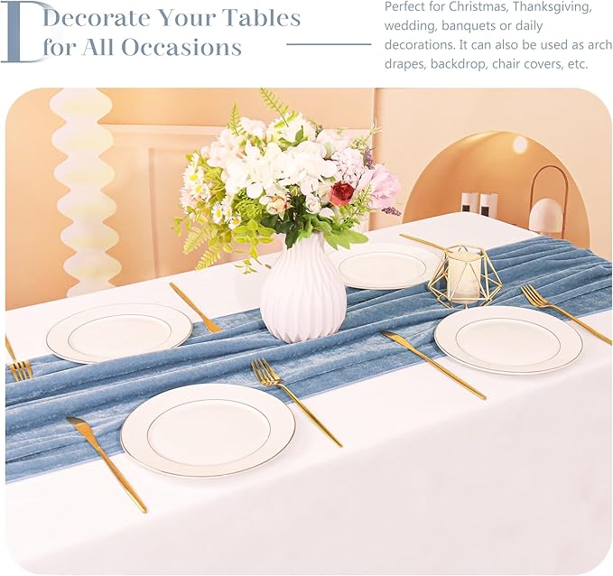 Velvet Table Runner 20 x 120 Inches 10ft Luxurious Thick Soft Velvet Christmas Thanksgiving Wedding Reception Table Runner for Party Reception Decorations(Dusty Blue, 6 Pack)