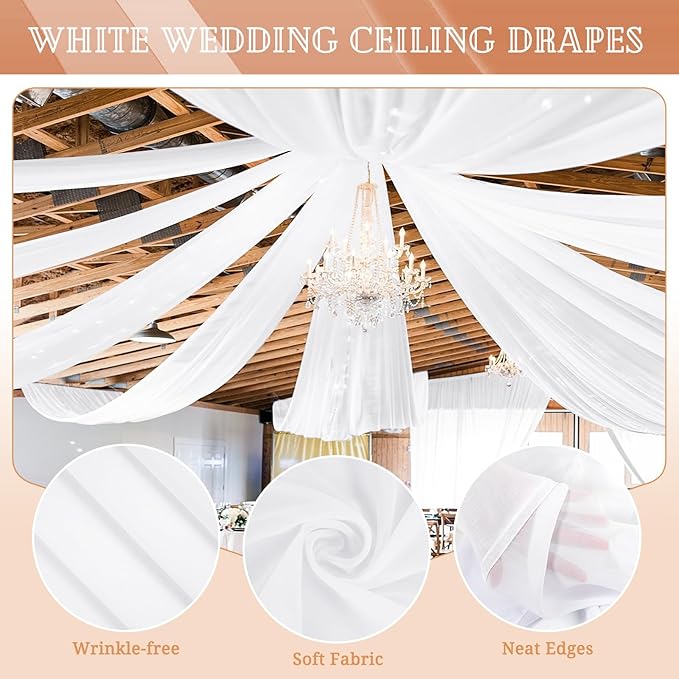 6 Panels White Ceiling Drapes for Wedding 5ftx10ft Sheer Drapery Chiffon Fabric Arch Draping Curtains for Party Ceremony Birthday Baby Shower Reception Stage Ceiling Decorations