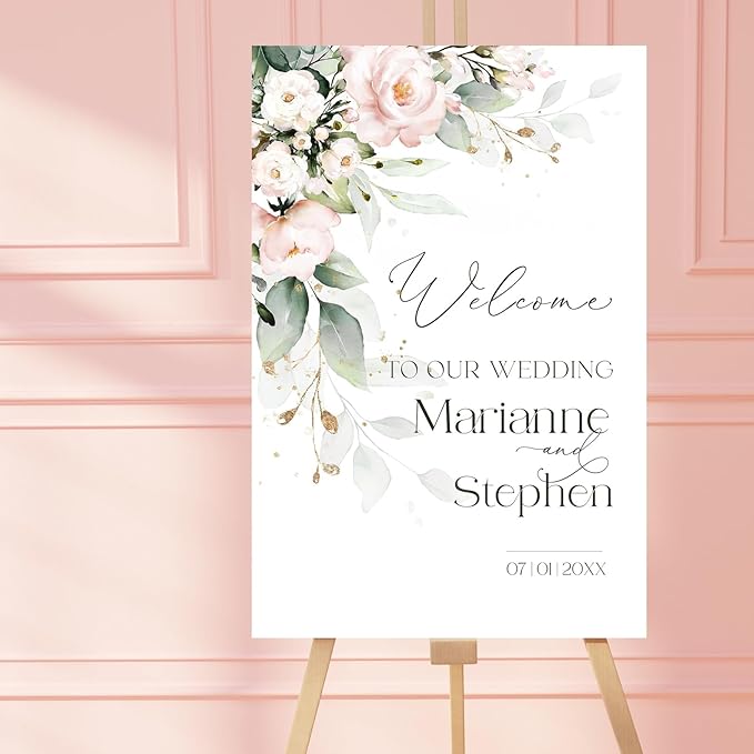Personalized Wedding Welcome Sign, Blush Pink Floral Wedding Sign Signage 12" X 18" (Small), 27" (Medium), 36" (Large), Plastic, Modern, Pole Mount, Weather