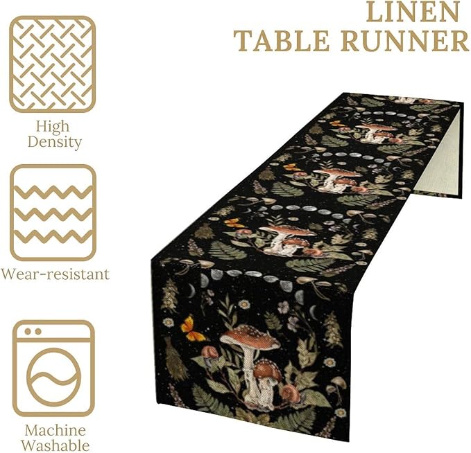 Mushroom Kitchen Table Runner, Boho Vintage Wild Flower Gothic Witchy Moonlit Forest Plant Table Runner for Bedroom Living Room Kitchen Dinner Table, 13x90 Inch
