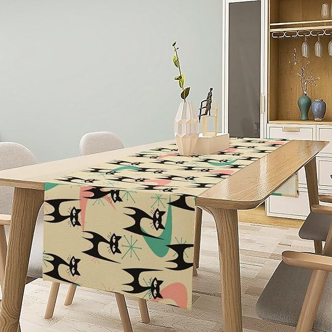 Mid Century Table Runner,Cat Geometric Stripe Colorful Abstract Pattern Print Tablecloth Burlap for Hotel Indoors Outdoor Dining Room Kitchen Holiday Party, 13x108in
