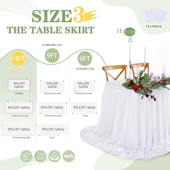White Table Skirt for Rectangle Tables 14FT Chiffon Sheer Tablecloth for Birthday Party Sweetheart Cake Table Decoration